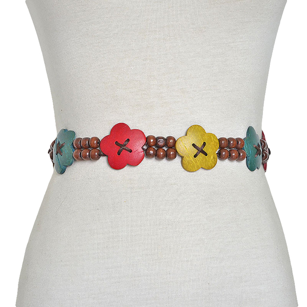 Ethnic Style Women Wood Beads Flower Wide Waist Belt Self-Tie Dress Waistband