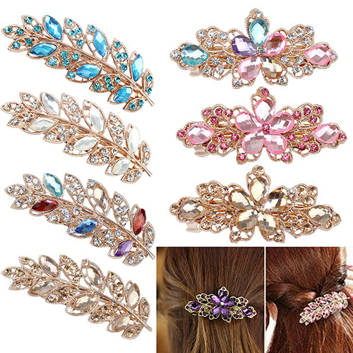 Women Fashion Flower Leaf Crystal Rhinestone Hair Barrette Clip Hairpin Jewelry