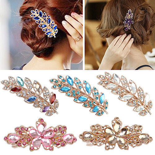 Women Fashion Flower Leaf Crystal Rhinestone Hair Barrette Clip Hairpin Jewelry