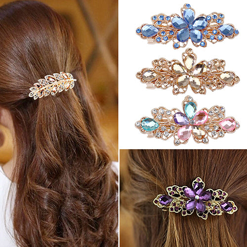 Women Fashion Flower Leaf Crystal Rhinestone Hair Barrette Clip Hairpin Jewelry