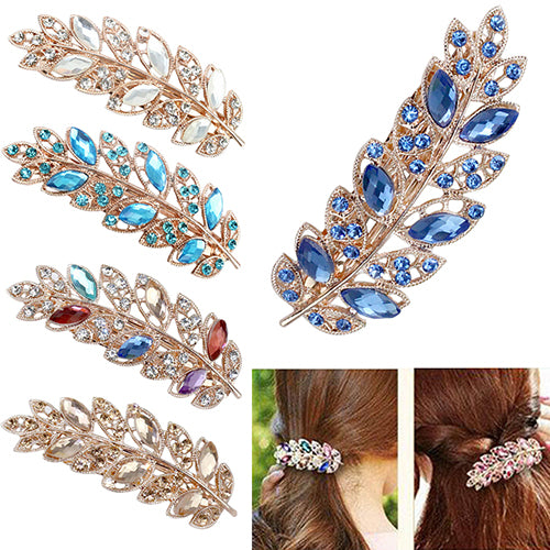 Women Fashion Flower Leaf Crystal Rhinestone Hair Barrette Clip Hairpin Jewelry