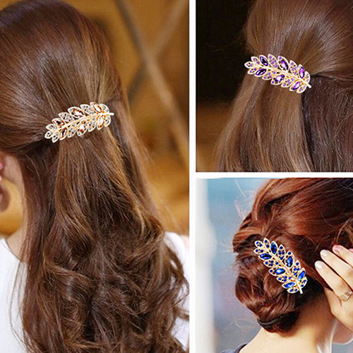 Women Fashion Flower Leaf Crystal Rhinestone Hair Barrette Clip Hairpin Jewelry