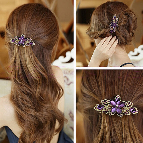 Women Fashion Flower Leaf Crystal Rhinestone Hair Barrette Clip Hairpin Jewelry