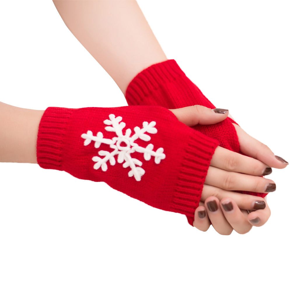Lady Soft Winter Knitted Half Christmas Embroidery Snowflakes Fingerless Gloves