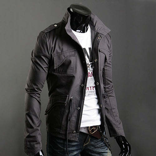 Men's Korean Style Cool Zipper Button Front Pockets Drawstring Jacket Coat