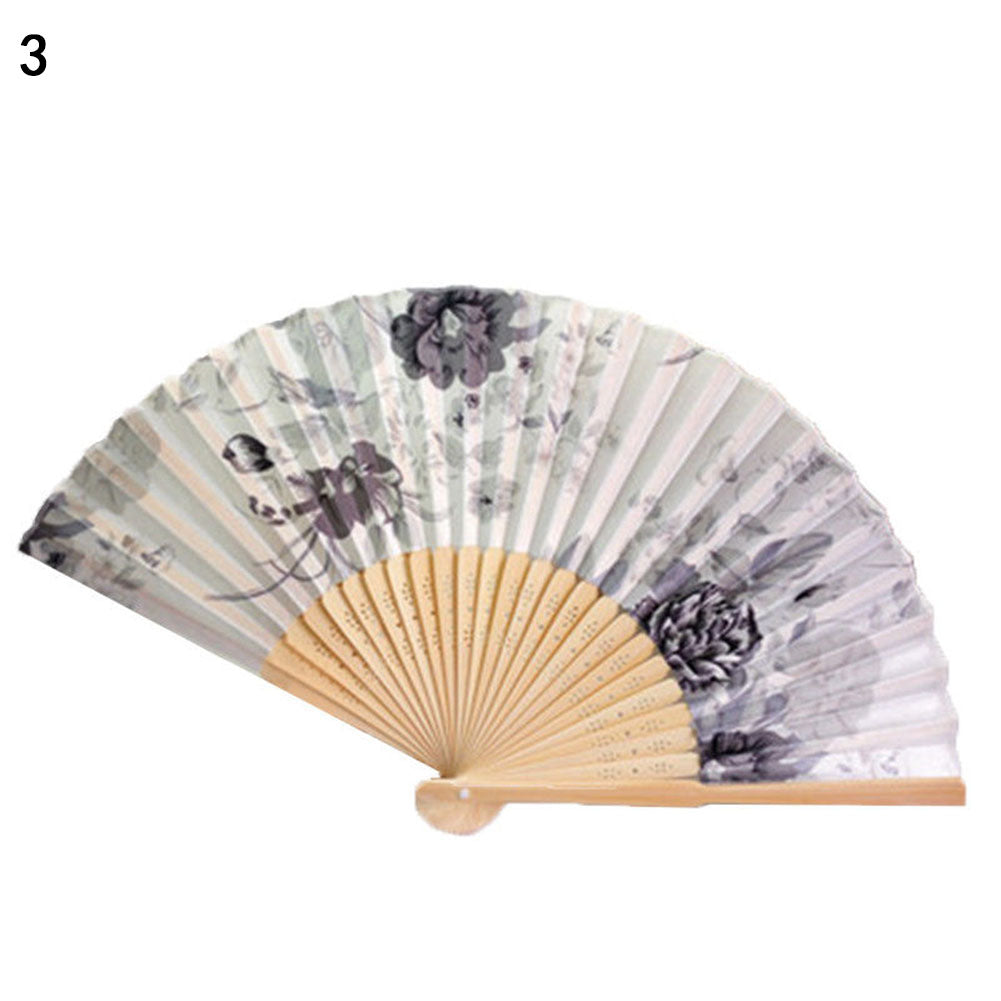 Vintage Bamboo Folding Hand Held Flower Fan Chinese Dance Beautiful Craft Gift