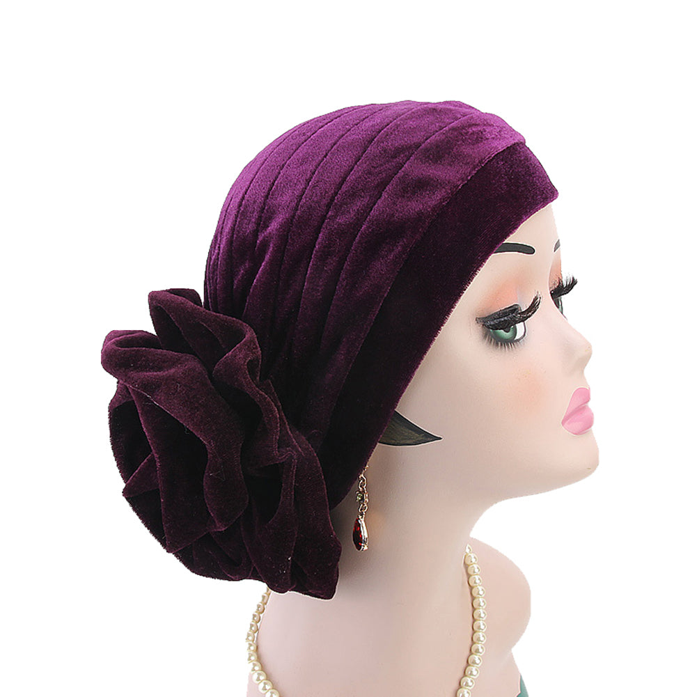 Solid Color Muslim Women Floral Turban Hat Velvet Chemo Cap Bandana Headwrap