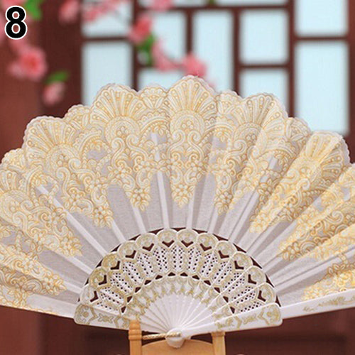 Ethnic Style Dance Party Wedding Golden Tone Hand Held Flower Folding Fan