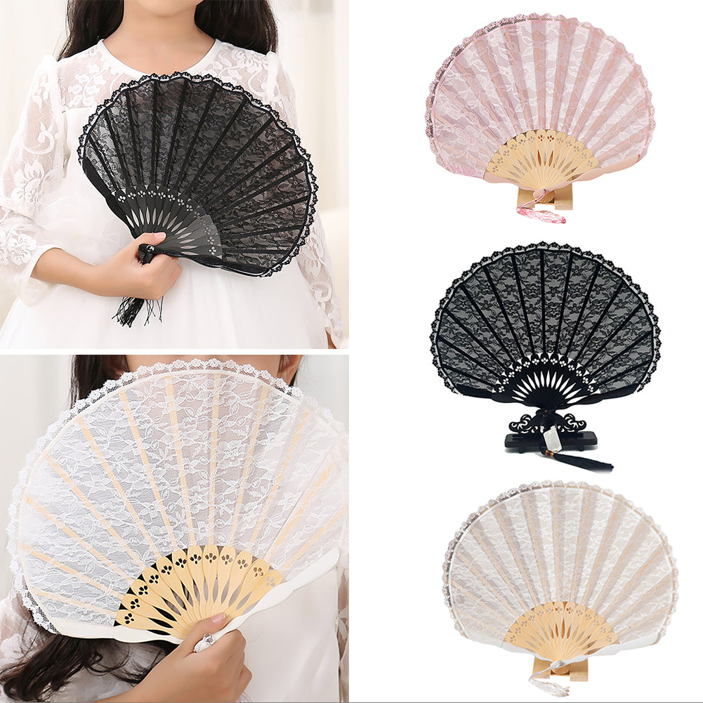 Women Dance Wedding Party Floral Lace Folding Handheld Fan with Tassel Decor
