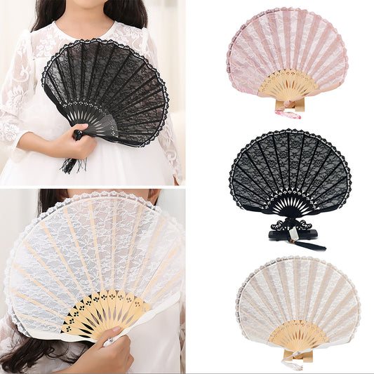 Women Dance Wedding Party Floral Lace Folding Handheld Fan with Tassel Decor