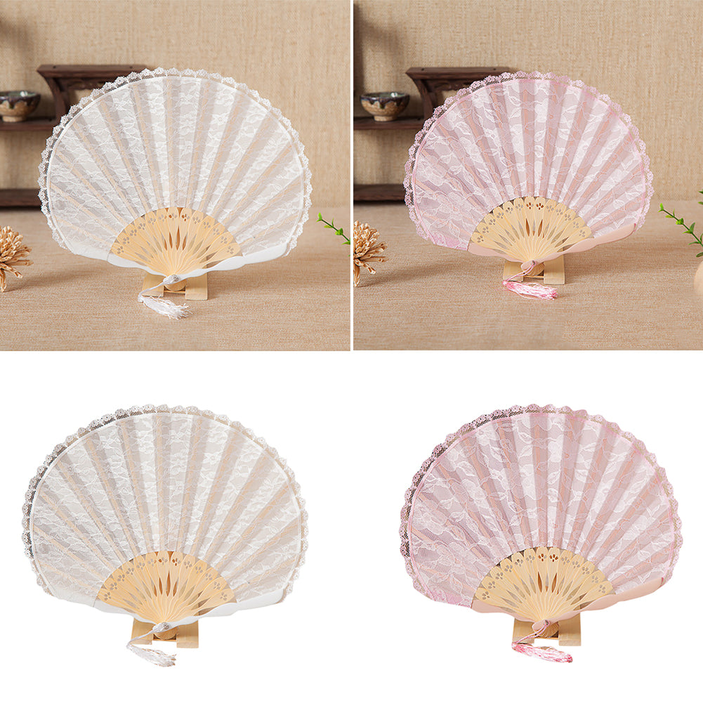 Women Dance Wedding Party Floral Lace Folding Handheld Fan with Tassel Decor
