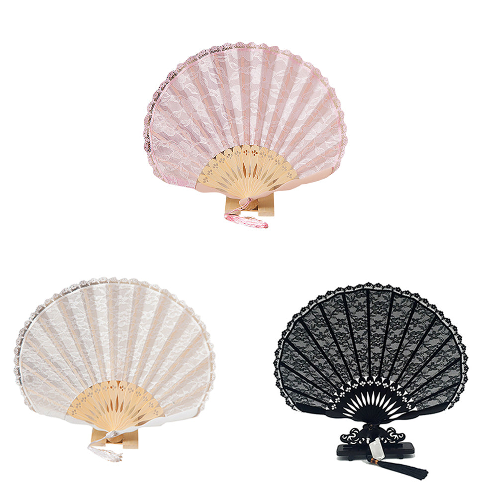 Women Dance Wedding Party Floral Lace Folding Handheld Fan with Tassel Decor