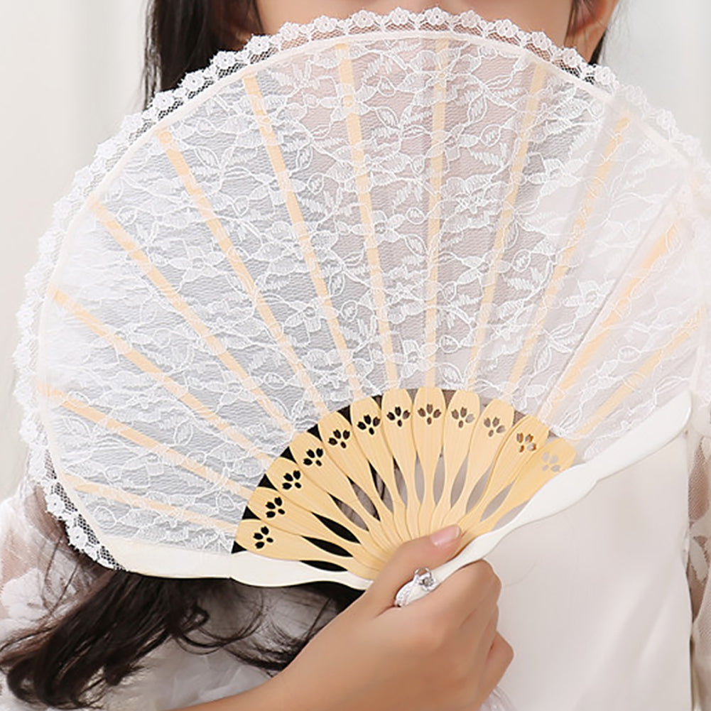 Women Dance Wedding Party Floral Lace Folding Handheld Fan with Tassel Decor