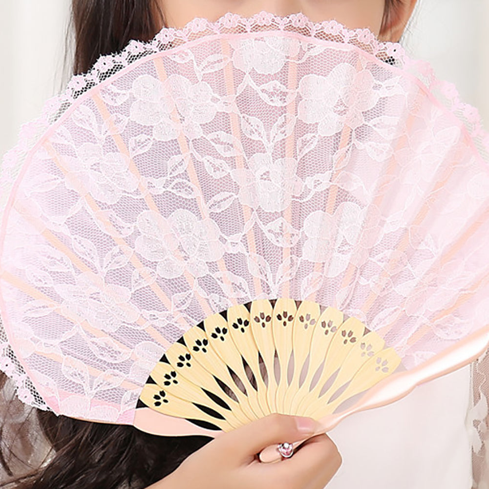Women Dance Wedding Party Floral Lace Folding Handheld Fan with Tassel Decor