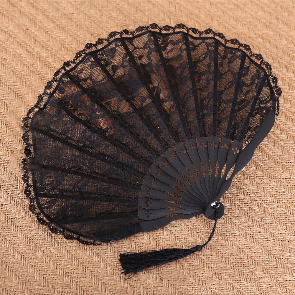 Women Dance Wedding Party Floral Lace Folding Handheld Fan with Tassel Decor