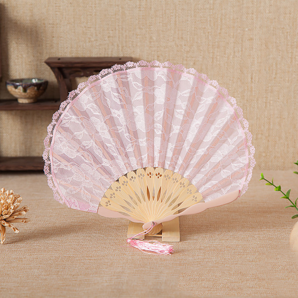 Women Dance Wedding Party Floral Lace Folding Handheld Fan with Tassel Decor