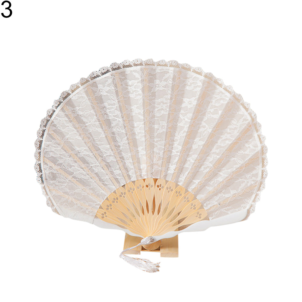 Women Dance Wedding Party Floral Lace Folding Handheld Fan with Tassel Decor