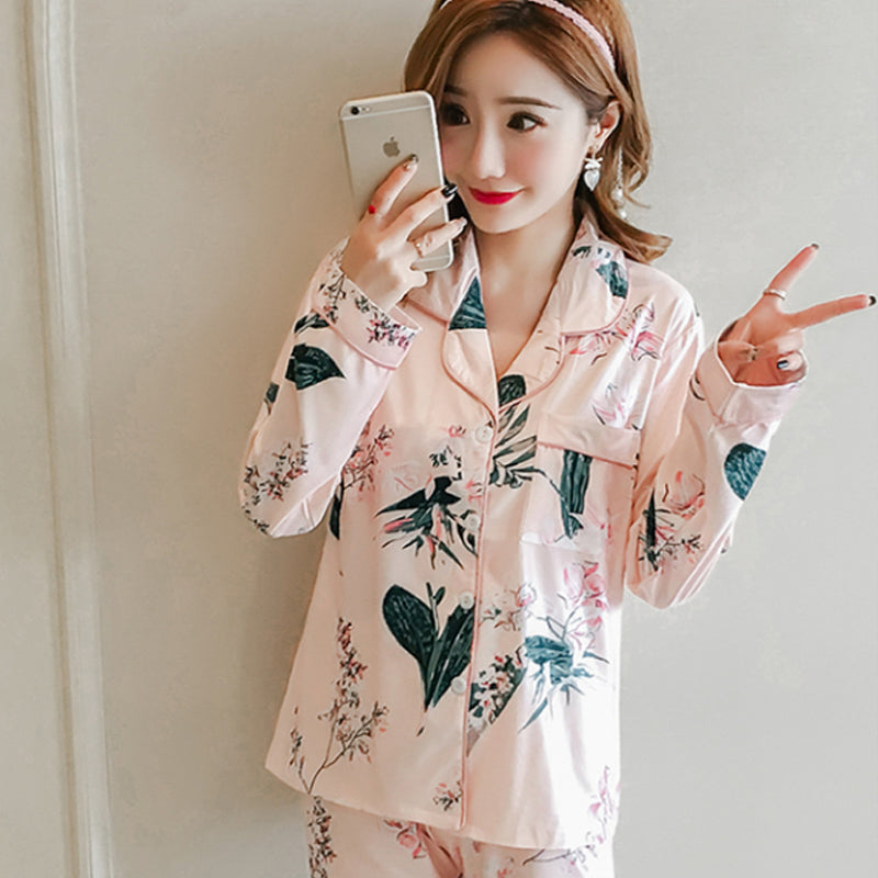 Cardigan long sleeve double sided collar leaf print pajamas set
