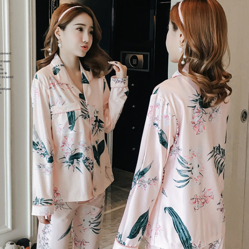 Cardigan long sleeve double sided collar leaf print pajamas set