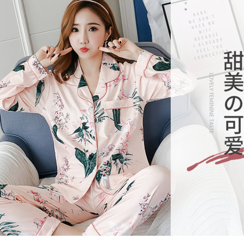 Cardigan long sleeve double sided collar leaf print pajamas set