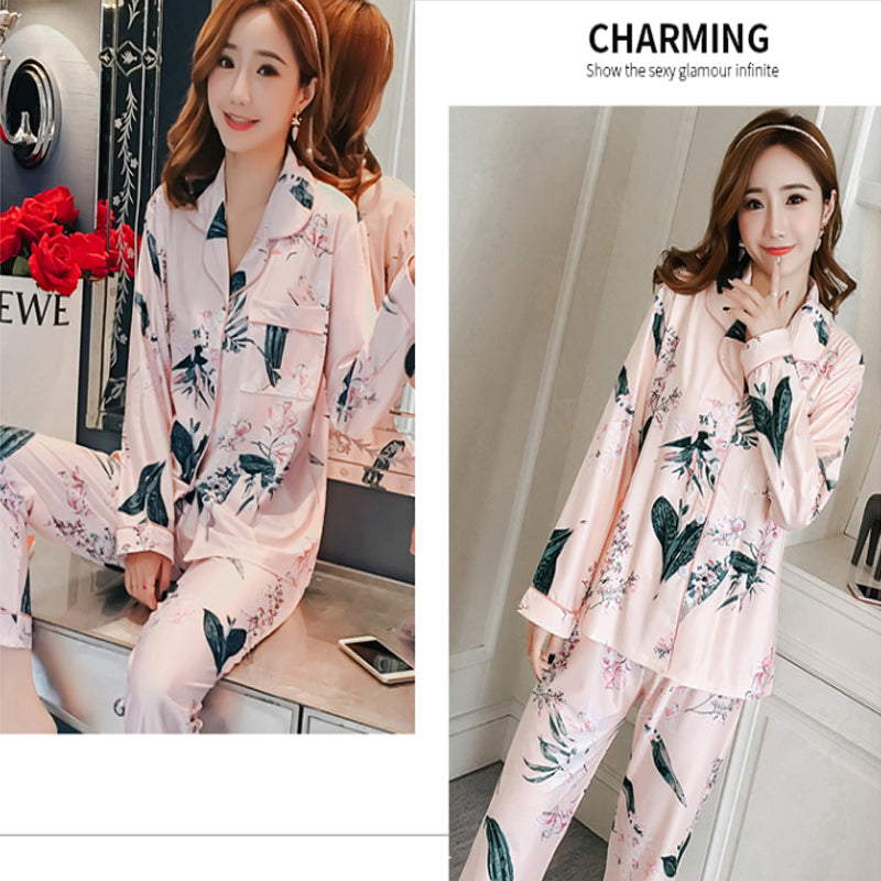Cardigan long sleeve double sided collar leaf print pajamas set