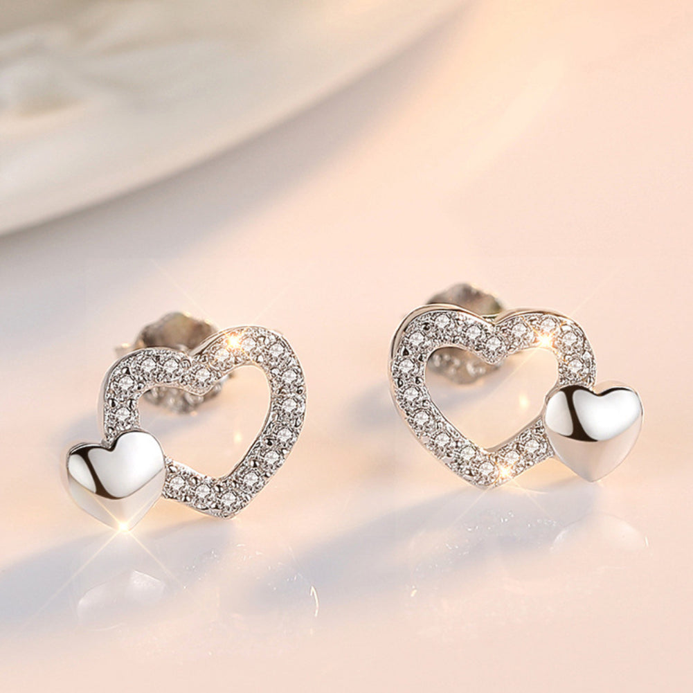 Fashion Double Love Heart Rhinestone Ear Studs Anti Allergy Girls Club Earrings
