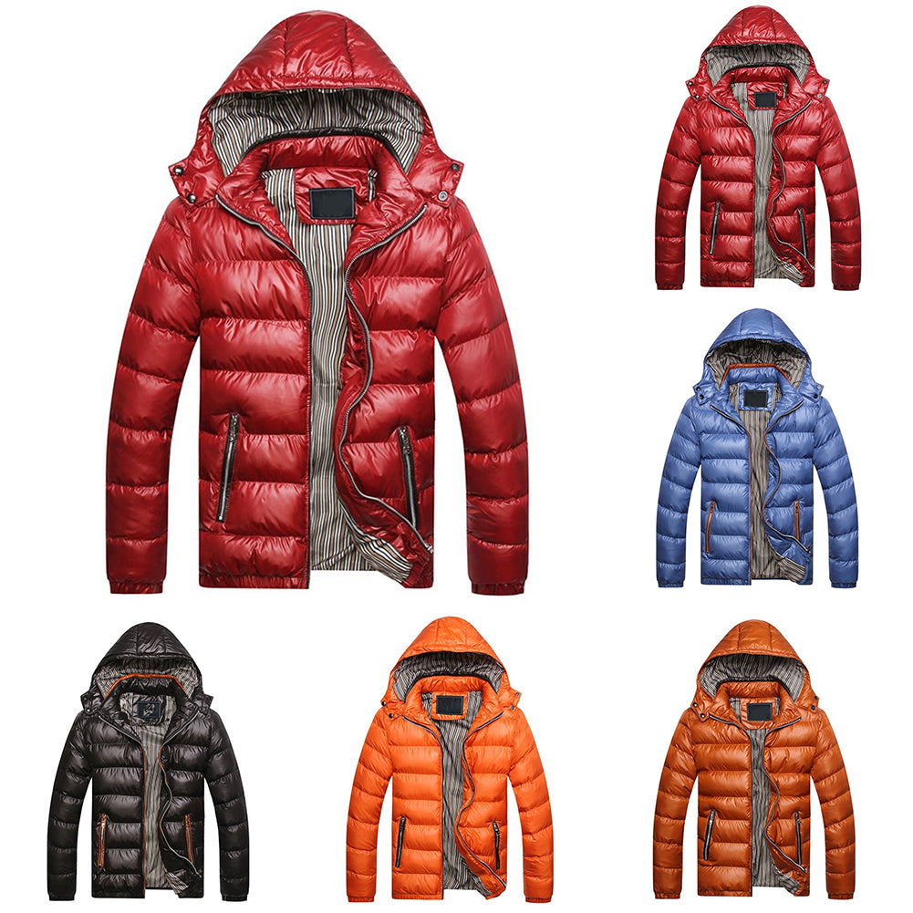 Winter Men Solid Color Down Jacket Slim Fit Hooded Long Sleeve Coat Outwear