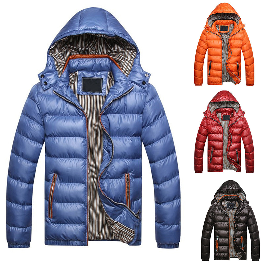 Winter Men Solid Color Down Jacket Slim Fit Hooded Long Sleeve Coat Outwear