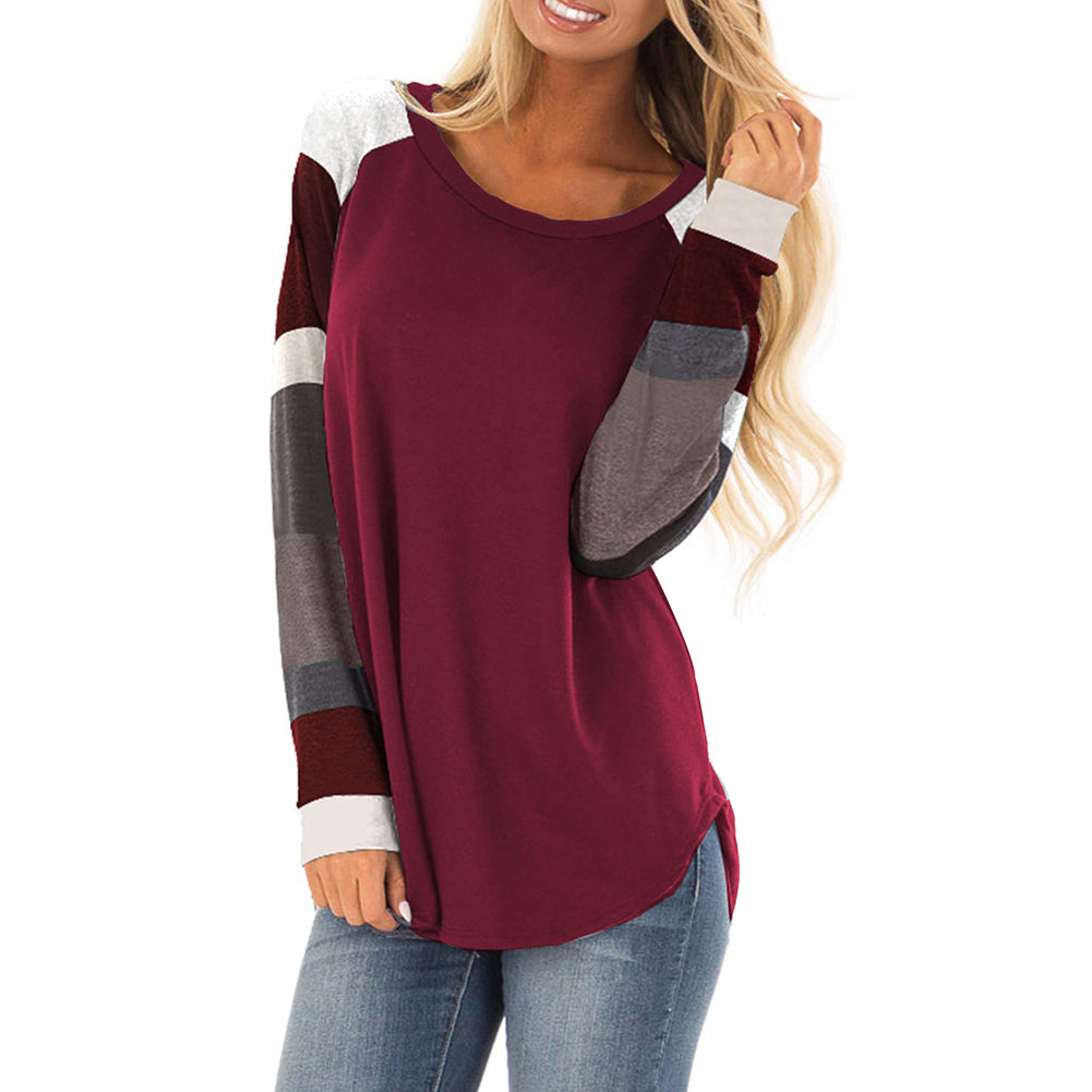 Casual Patchwork Loose Long Sleeve Round Neck Autumn Women Sweatshirt Top Blouse