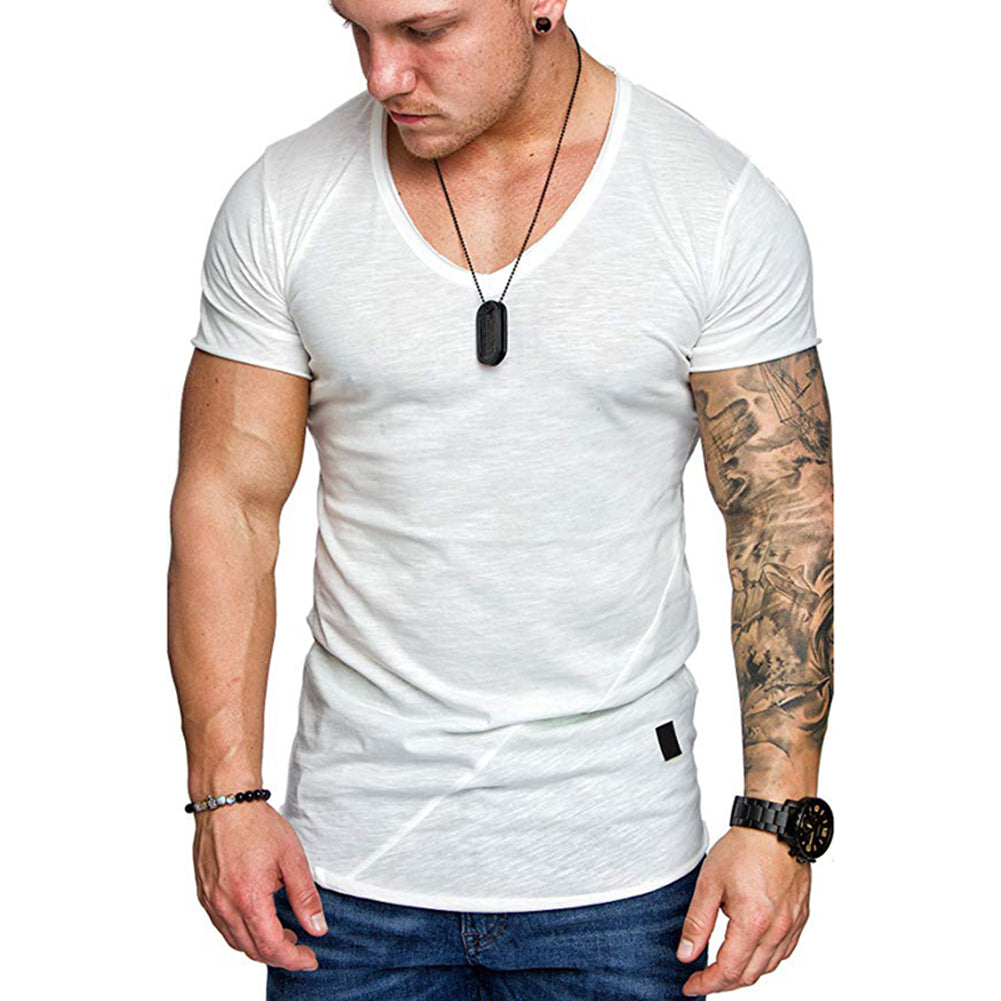 Men's Summer Solid Color Slant Line V Neck Short Sleeve T-Shirt Slim Fit Top
