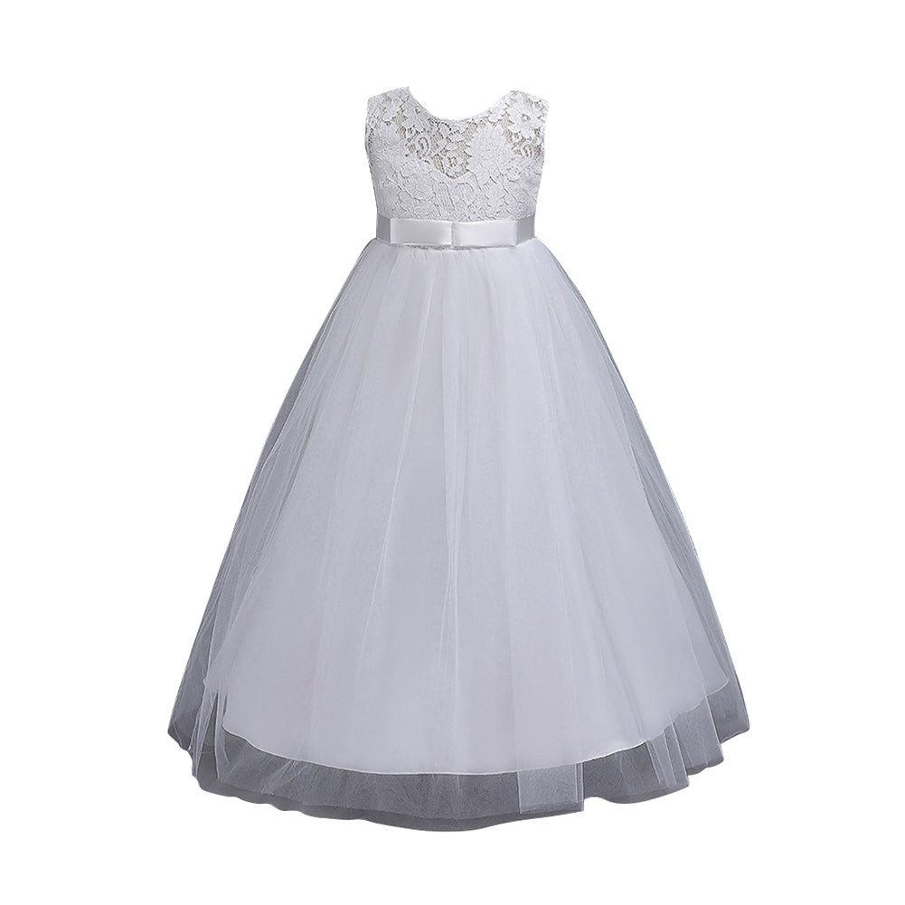 Little Princess Girl Long Formal Evening Dress Wedding Party Bow Lace Ballgown