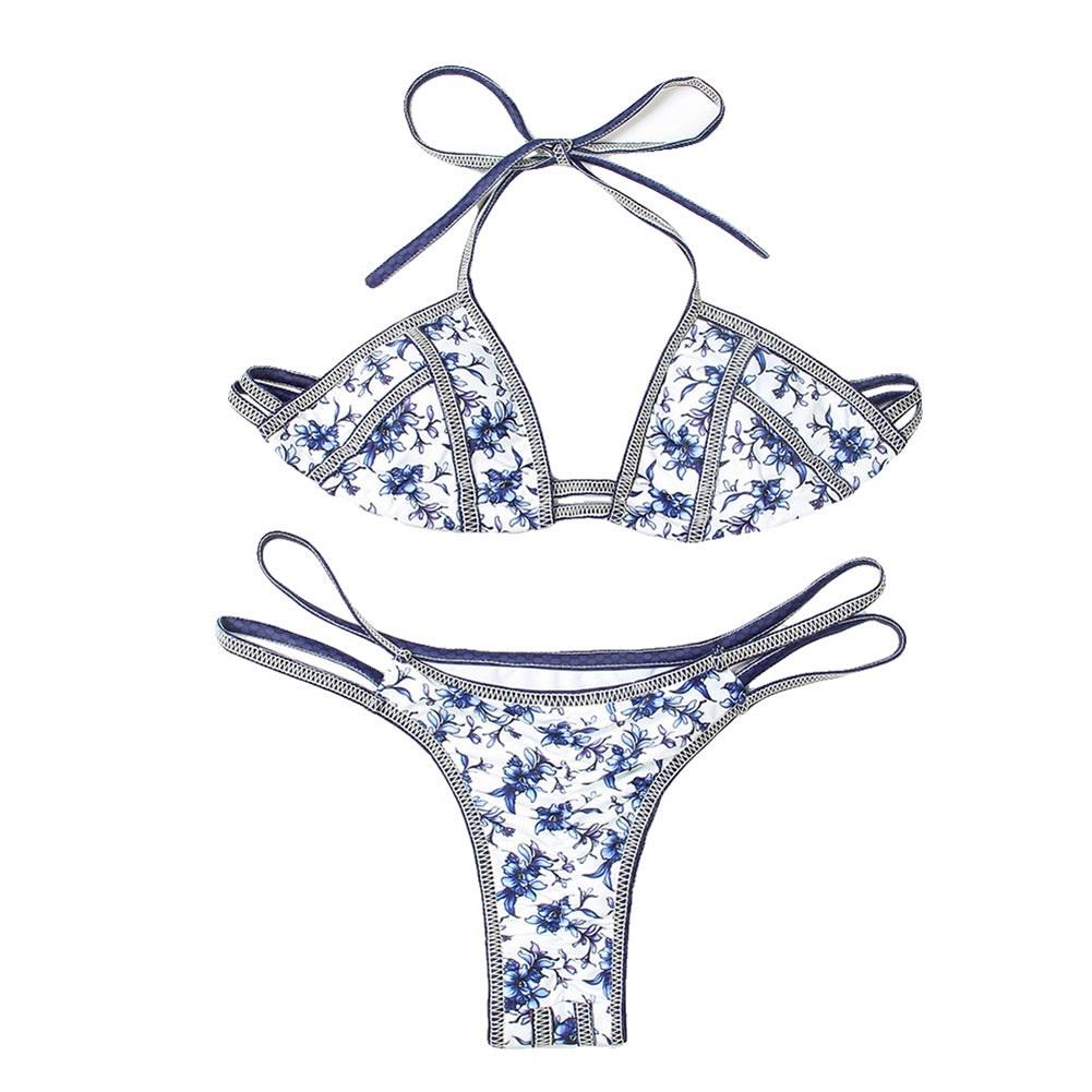 Chinese Ancient Blue-White Porcelain Style Floral Print Sexy Bikini Set Swimsuit