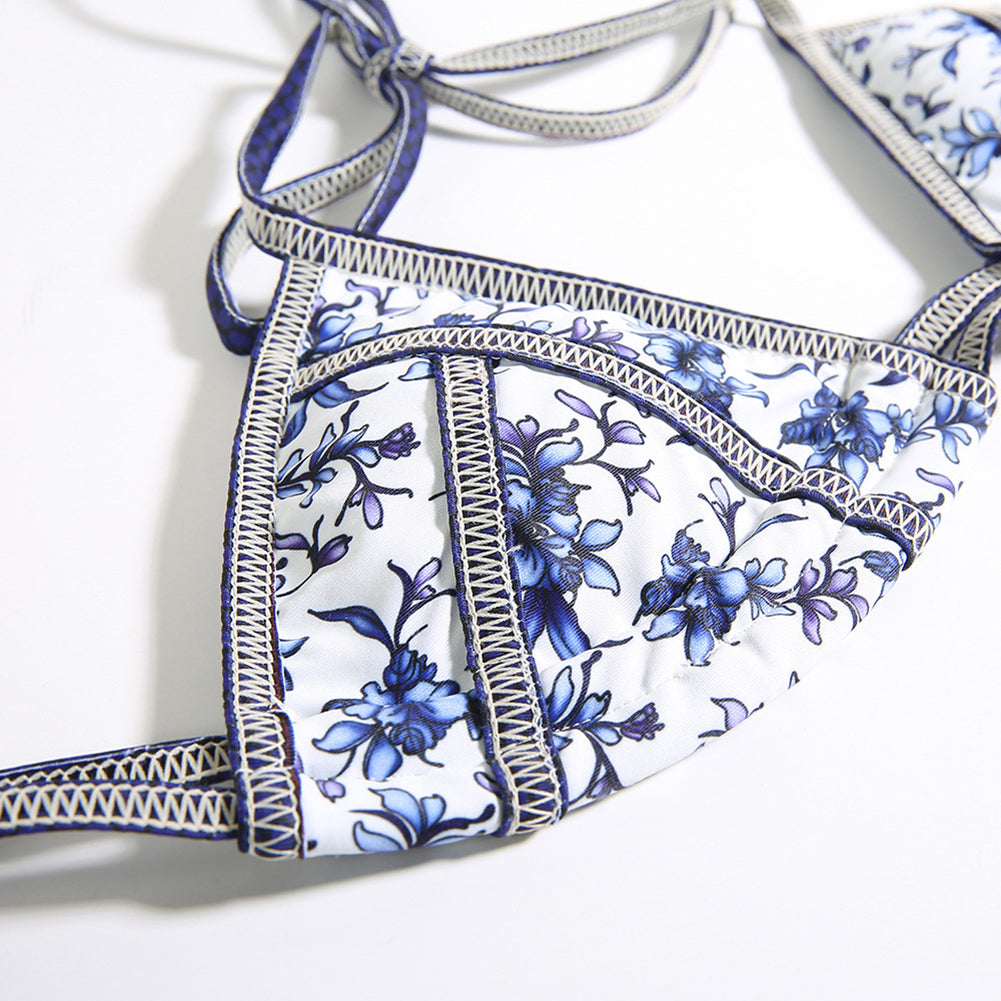 Chinese Ancient Blue-White Porcelain Style Floral Print Sexy Bikini Set Swimsuit