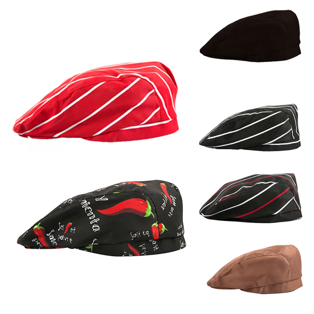 Striped Grid Print Cap Professional Kitchen Catering Waiter Cook Chef Hat