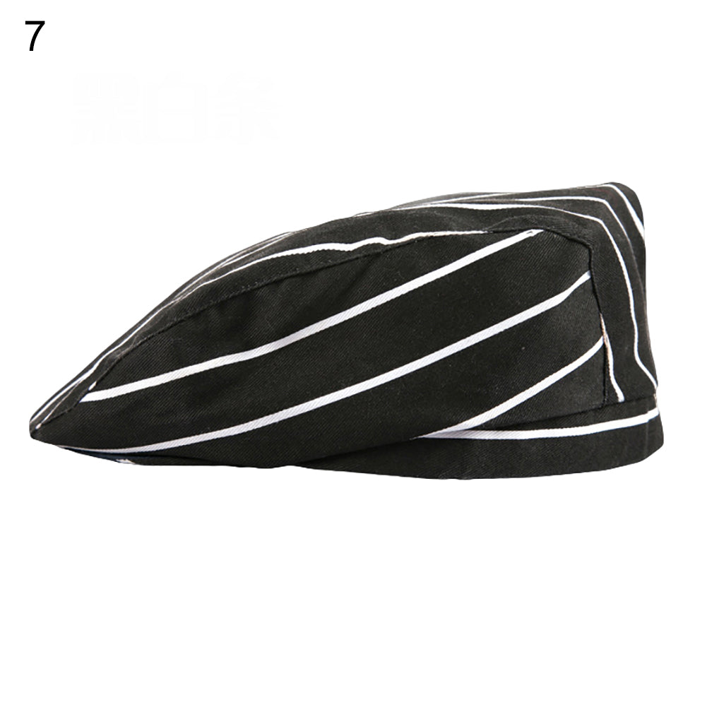 Striped Grid Print Cap Professional Kitchen Catering Waiter Cook Chef Hat