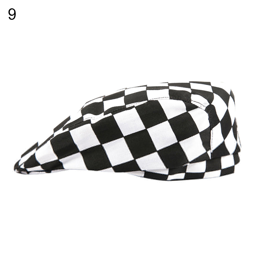 Striped Grid Print Cap Professional Kitchen Catering Waiter Cook Chef Hat