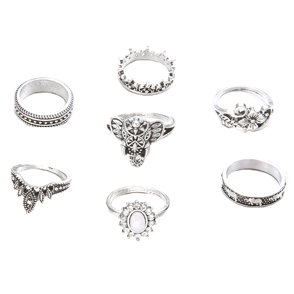 7Pcs/Set Bohemian Elephant Flower Faux Gemstone Finger Knuckle Rings Jewelry