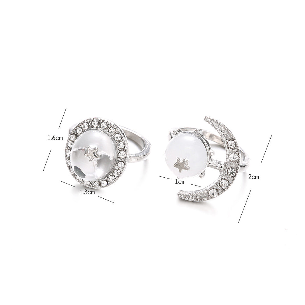 2Pcs/Set Boho Women Transparent Round Rhinestone Inlaid Moon Star Knuckle Rings