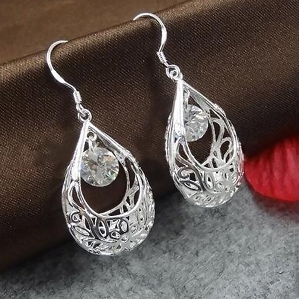 Fashion Women Hollow Out Water Drop Rhinestone Inlaid Pendant Hook Earrings