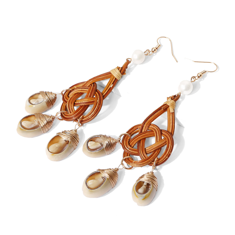 Women Cowrie Shell Tassel Rattan Charm Faux Pearl Statement Hook Earrings Gift