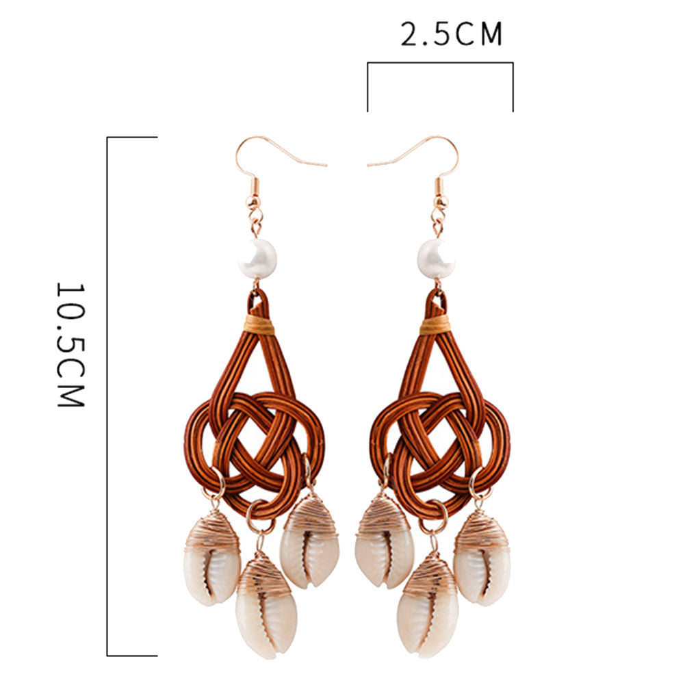 Women Cowrie Shell Tassel Rattan Charm Faux Pearl Statement Hook Earrings Gift