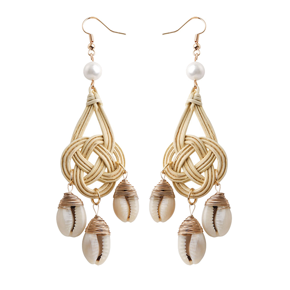 Women Cowrie Shell Tassel Rattan Charm Faux Pearl Statement Hook Earrings Gift