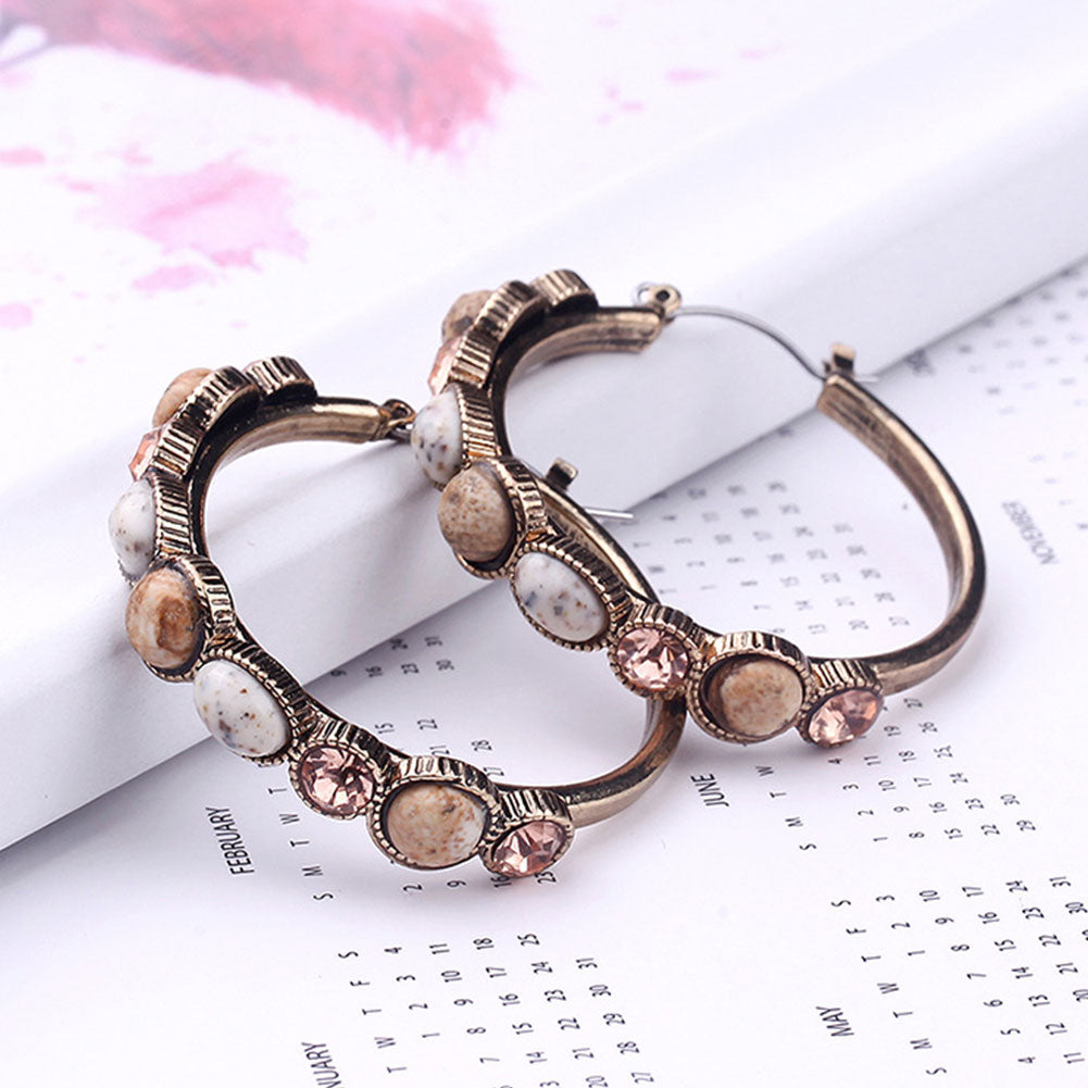 Women Fashion Resin Stone Rhinestone Inlaid Hoop Earrings Party Jewelry Gift