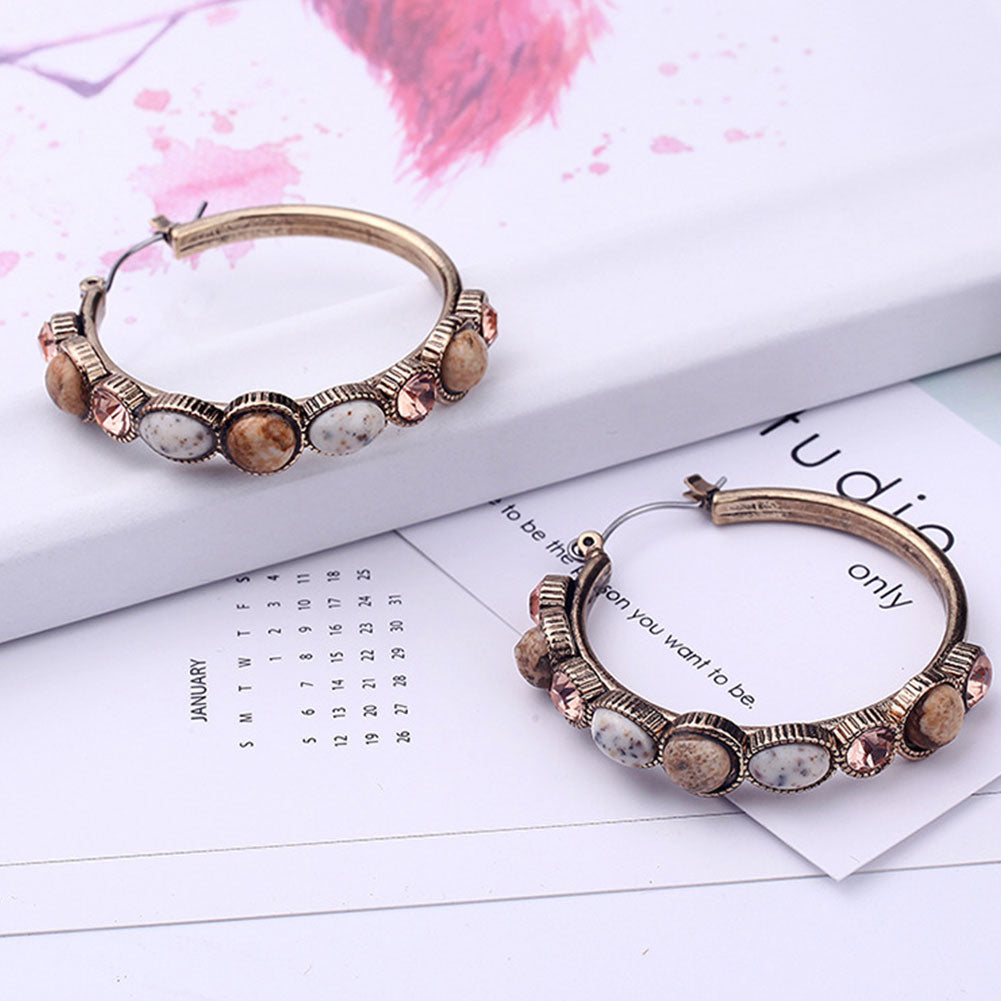 Women Fashion Resin Stone Rhinestone Inlaid Hoop Earrings Party Jewelry Gift