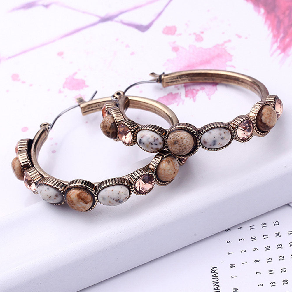 Women Fashion Resin Stone Rhinestone Inlaid Hoop Earrings Party Jewelry Gift