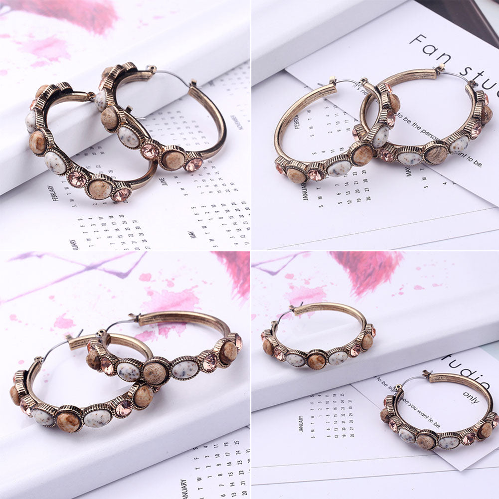 Women Fashion Resin Stone Rhinestone Inlaid Hoop Earrings Party Jewelry Gift