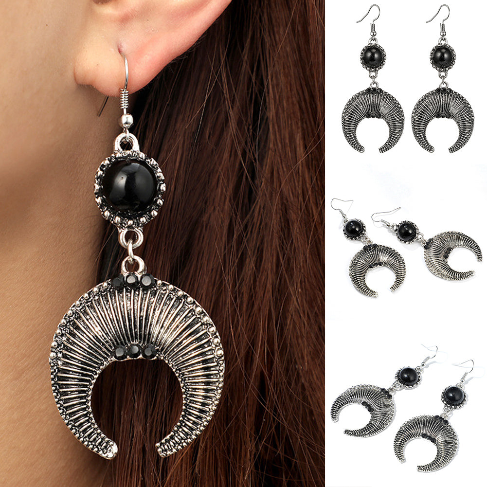 Fashion Women Retro Bull Horn Rhinestone Inlaid Dangle Hook Earrings Jewelry