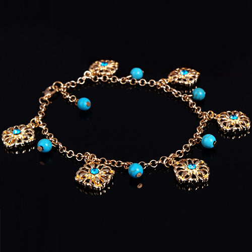 Boho Double Layers Rhinestone Flower Turquoise Foot Chain Anklet Ankle Bracelet