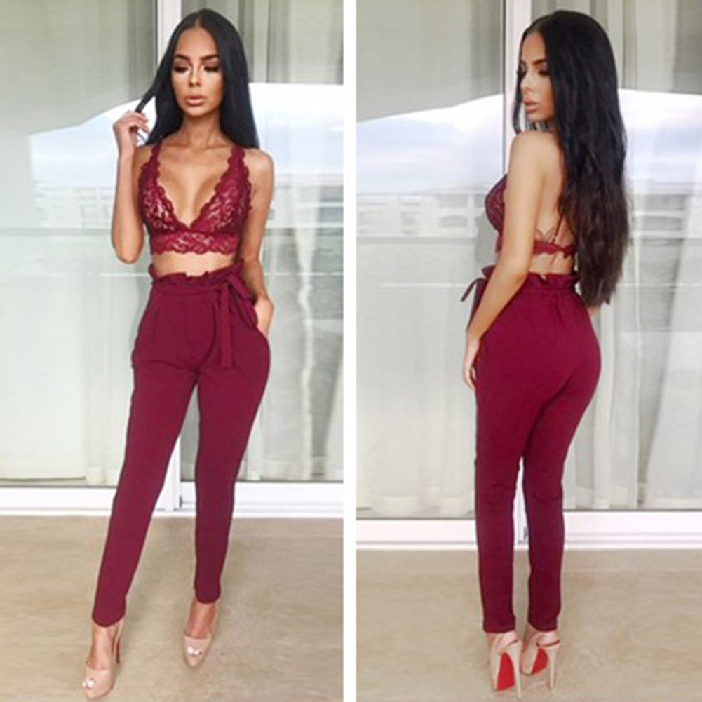 Women Casual Solid Color Trousers Waist Belt Ruffled Waist Long Pencil Pants