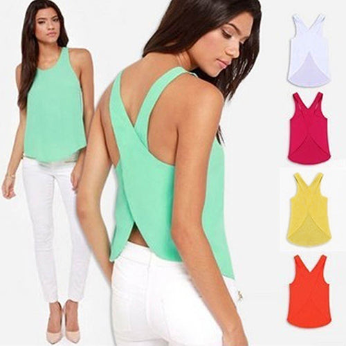 Women Candy Color Sexy Chiffon Cross Back Sleeveless Summer Casual Tank Top
